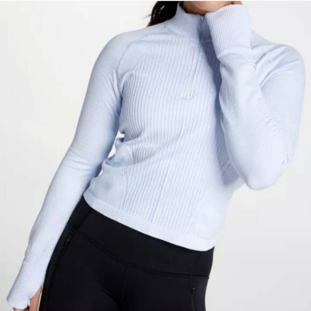 CALIA Relaxed Seamless 1/4 Zip Light Blue Ribbed Top, NWT